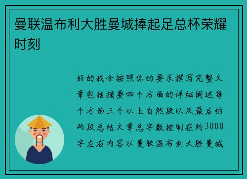 曼联温布利大胜曼城捧起足总杯荣耀时刻