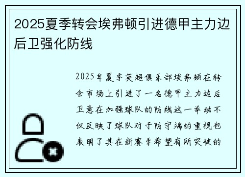 2025夏季转会埃弗顿引进德甲主力边后卫强化防线