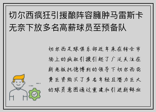 切尔西疯狂引援酿阵容臃肿马雷斯卡无奈下放多名高薪球员至预备队